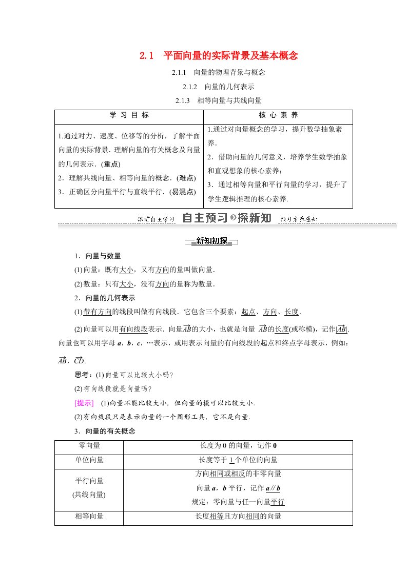 2021_2022学年高中数学第2章平面向量2.1.1向量的物理背景与概念2.1.2向量的几何表示2.1.3相等向量与共线向量学案新人教A版必修4