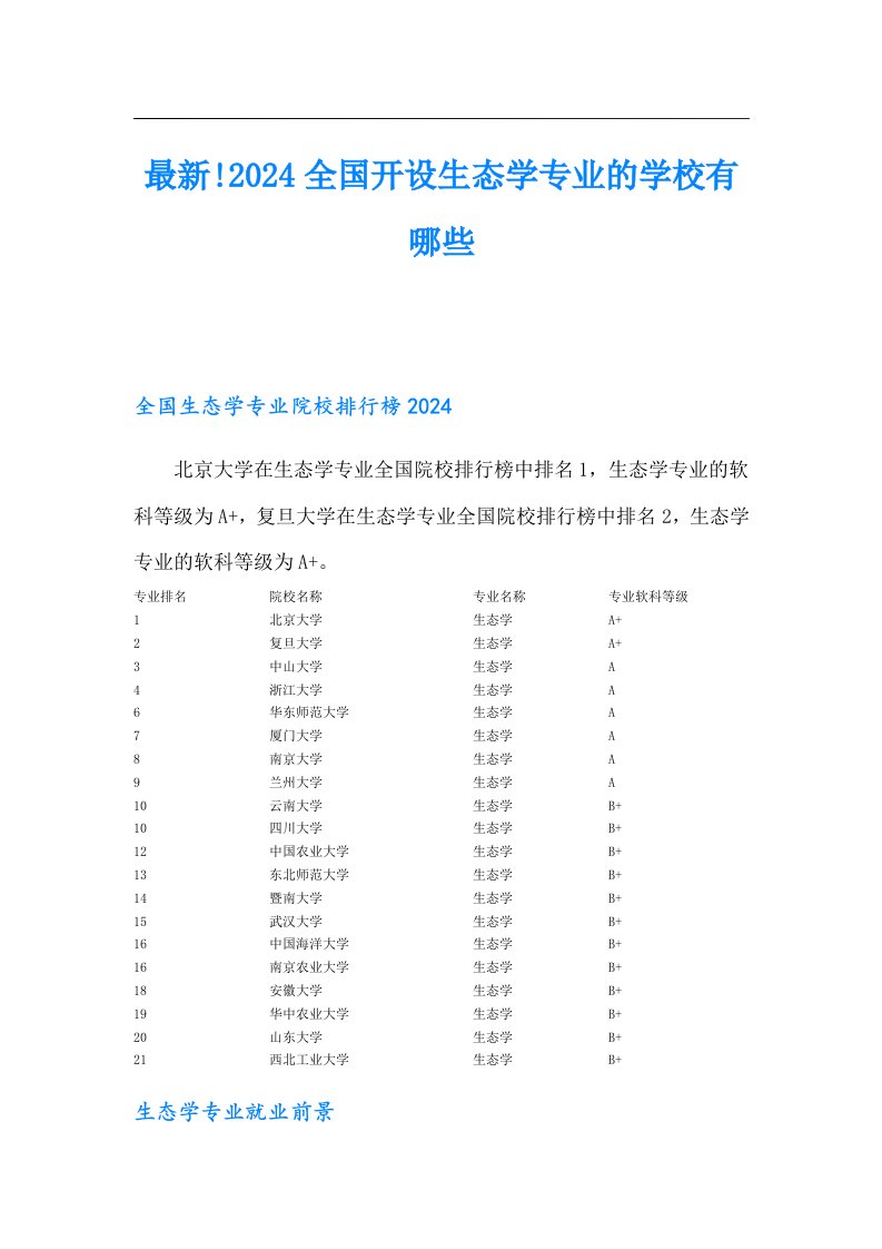 最新!2024全国开设生态学专业的学校有哪些