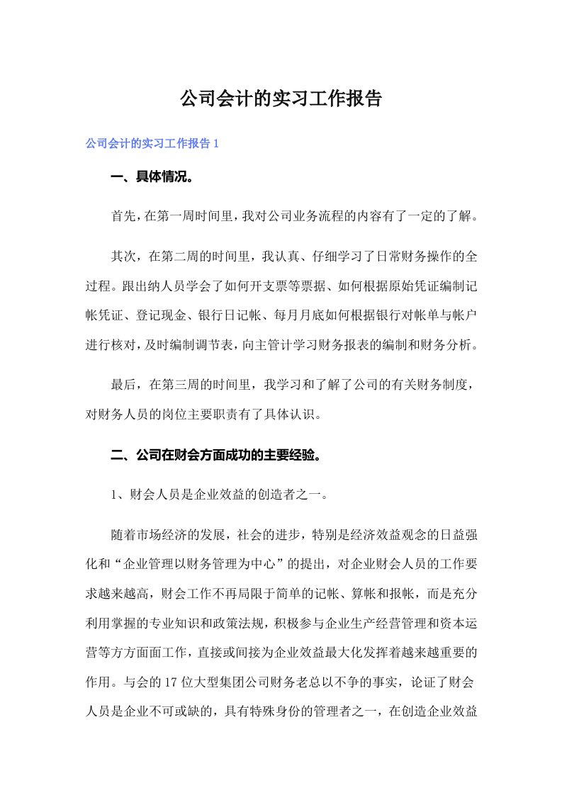 公司会计的实习工作报告