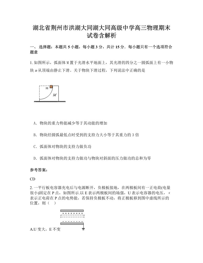 湖北省荆州市洪湖大同湖大同高级中学高三物理期末试卷含解析