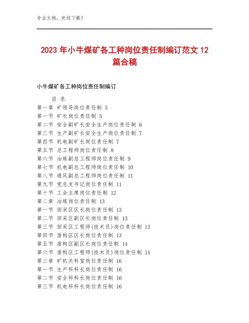 2023年小牛煤矿各工种岗位责任制编订范文12篇合稿