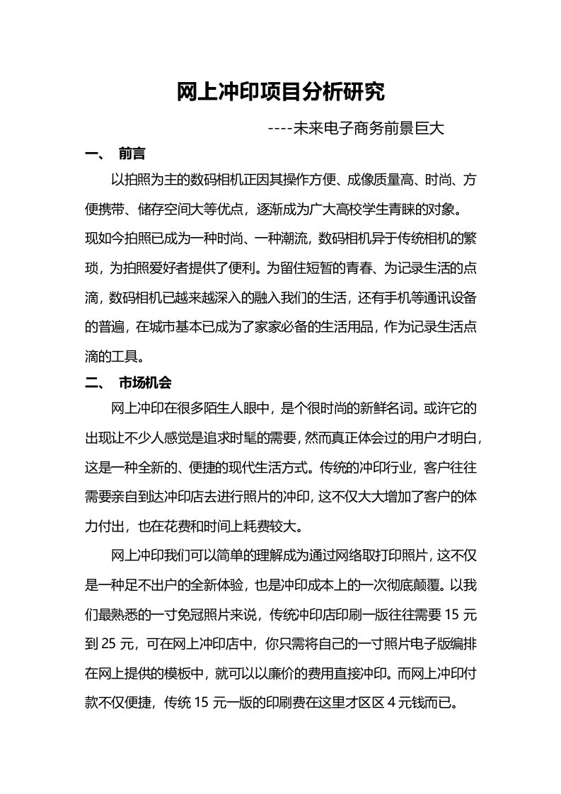 网上冲印项目分析研究电子商务策划书电子商务企划书