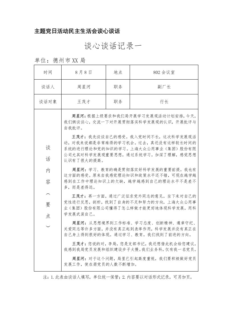 主题党日活动民主生活会谈心谈话