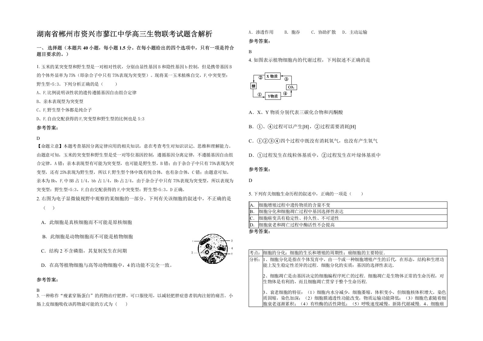 湖南省郴州市资兴市蓼江中学高三生物联考试题含解析