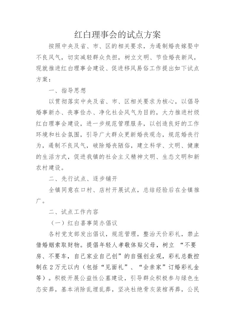 最新某镇红白理事会试点方案