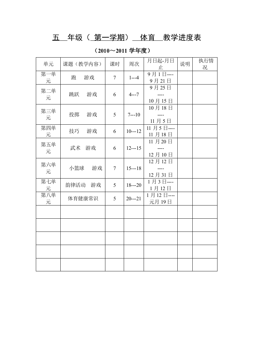 五年级上学期体育集体备课进度及第一单元单元计划1