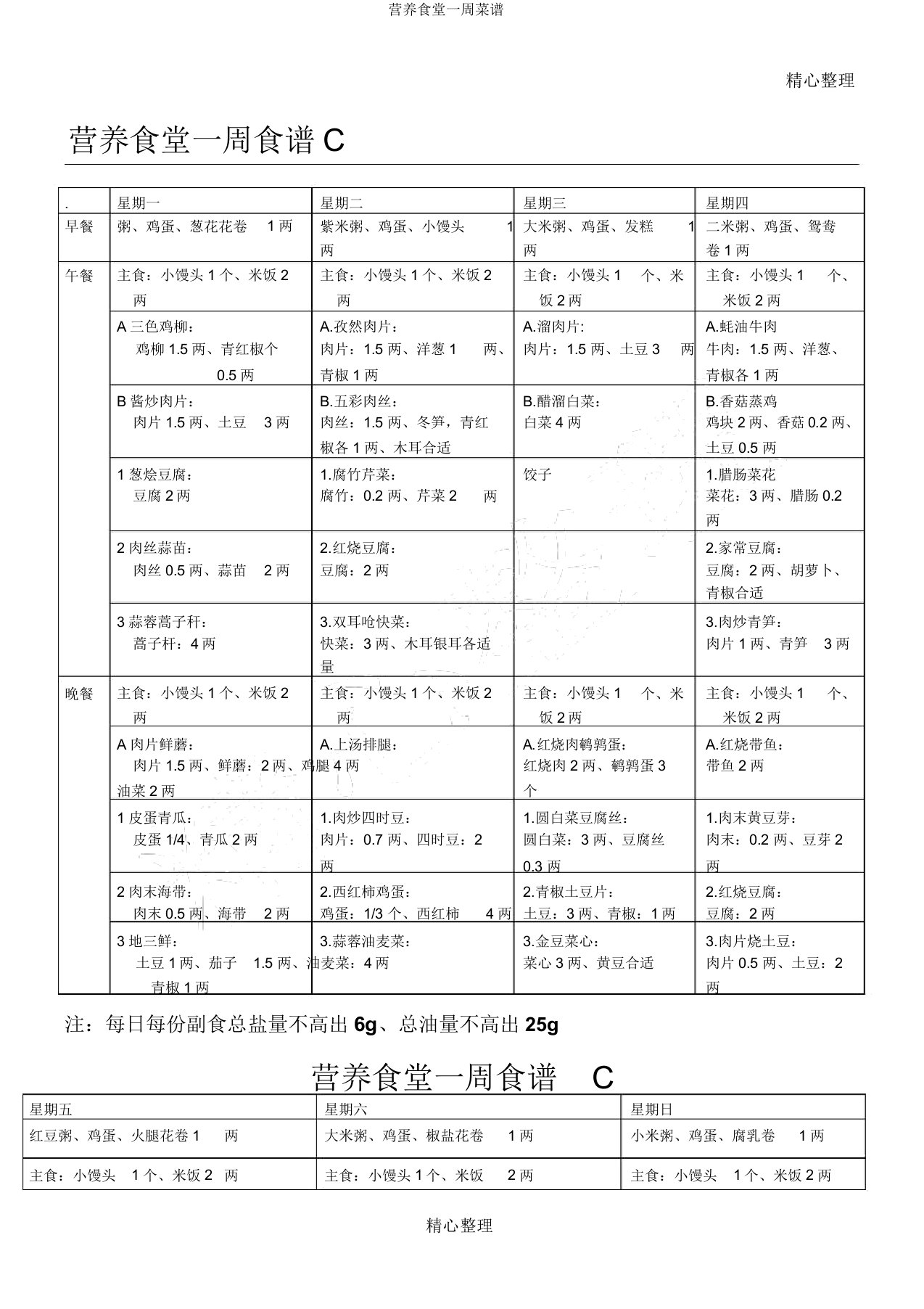 营养食堂一周菜谱