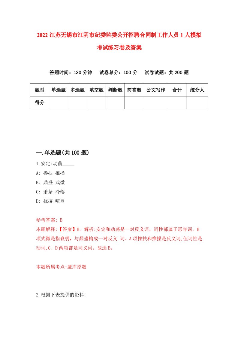 2022江苏无锡市江阴市纪委监委公开招聘合同制工作人员1人模拟考试练习卷及答案第9版