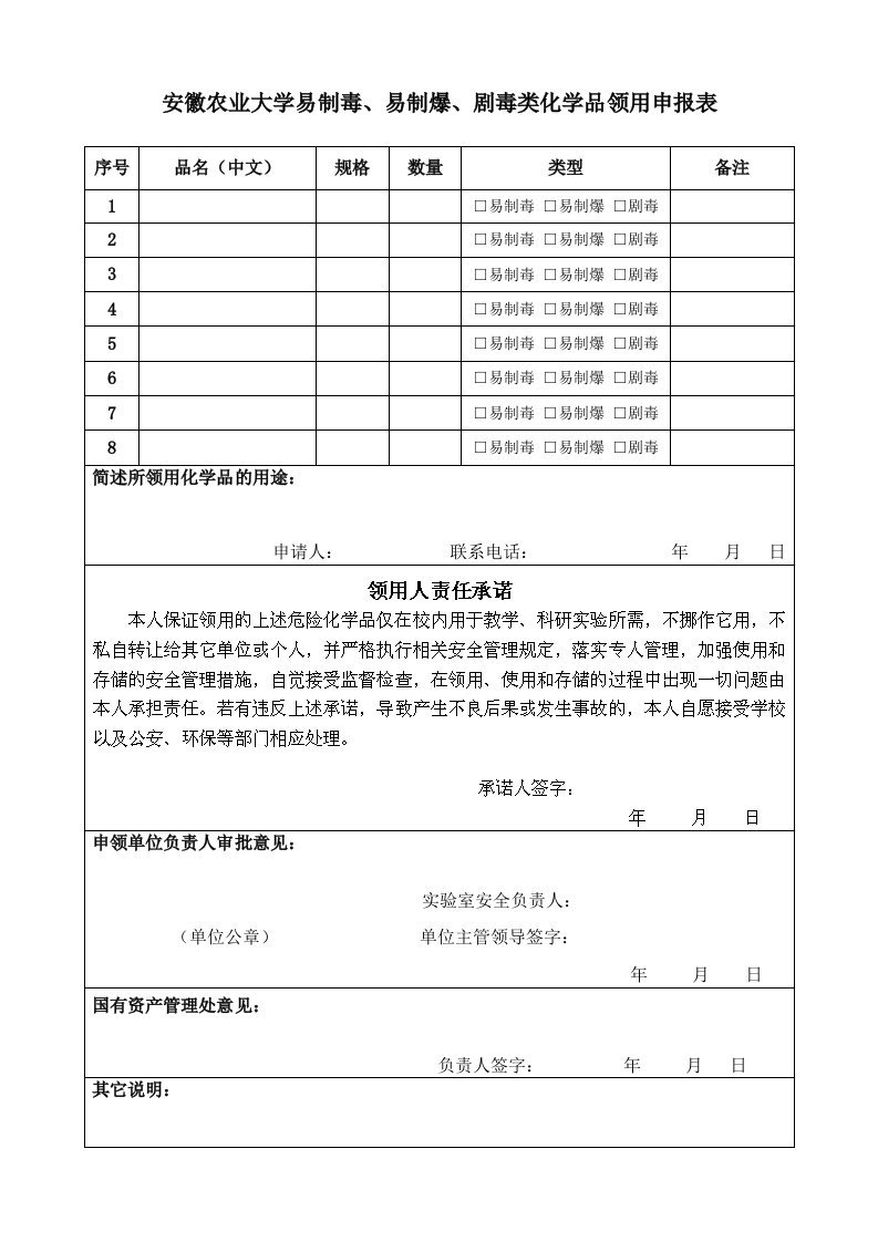 安徽农业大学易制毒易制爆剧毒类化学品领用申报表