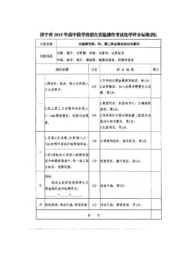 2024年济宁市中考化学实验操作评分标准