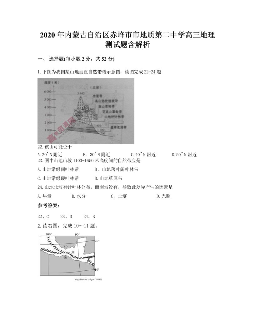 2020年内蒙古自治区赤峰市市地质第二中学高三地理测试题含解析