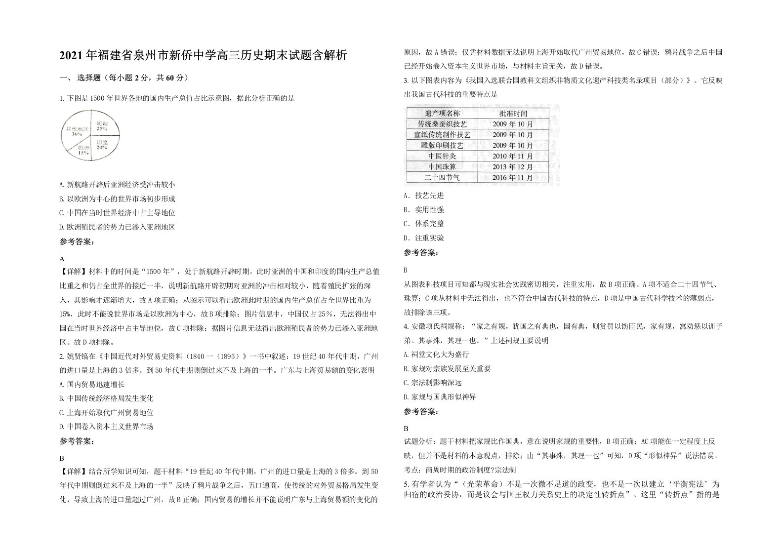 2021年福建省泉州市新侨中学高三历史期末试题含解析