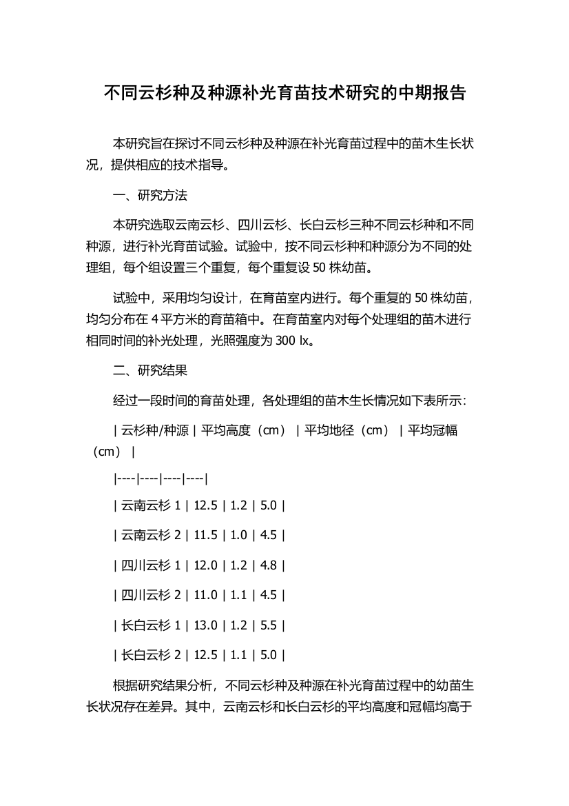 不同云杉种及种源补光育苗技术研究的中期报告