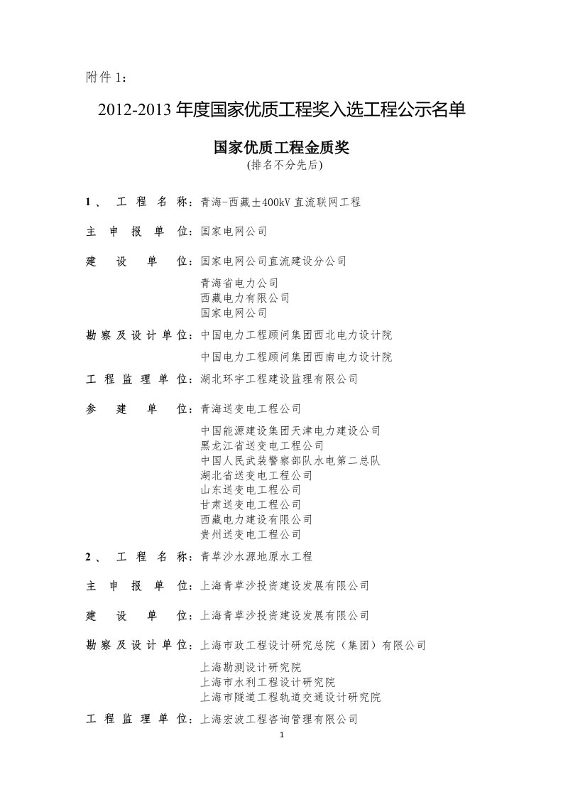 2012-2013年度国家优质工程奖入选工程名单