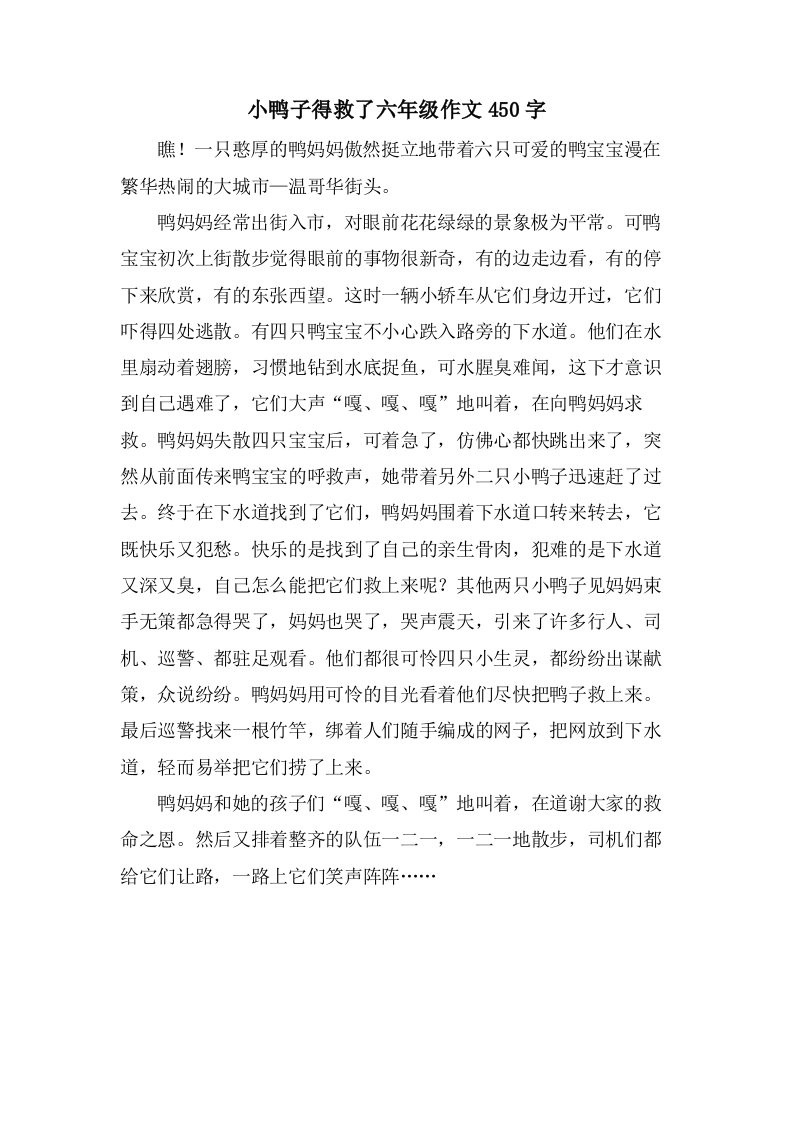 小鸭子得救了六年级作文450字