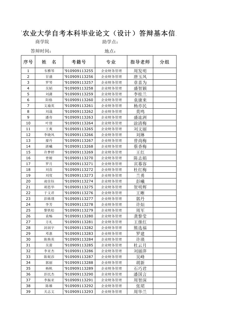 农业与畜牧-湖南农业大学自考本科设计答辩基本信息表