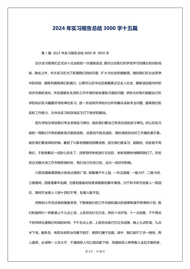 2024年实习报告总结3000字十五篇