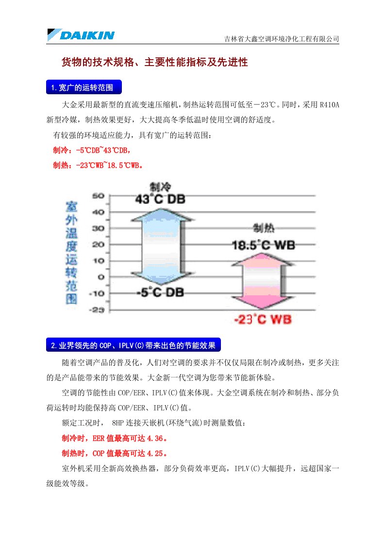 大金多联机货物的技术规格、主要性能指标及先进性