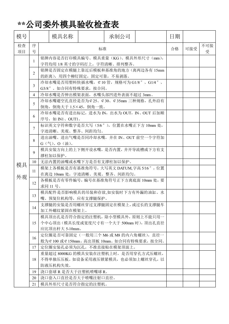 模具出厂模具验收单