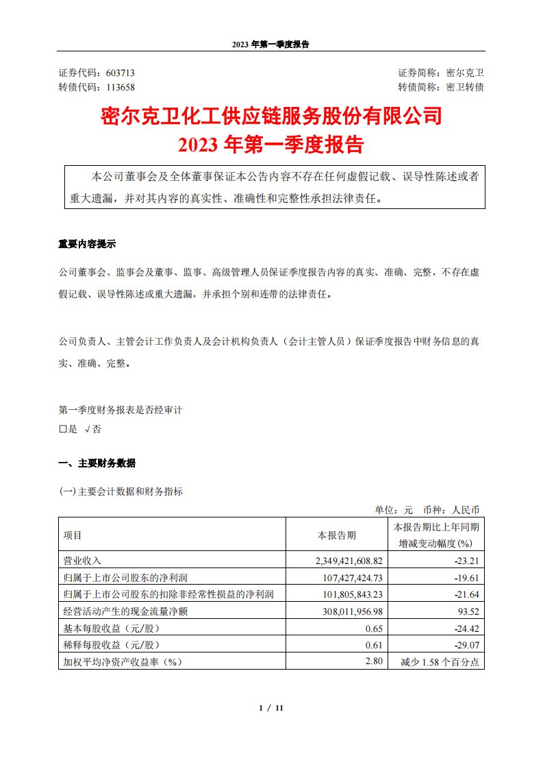 上交所-密尔克卫化工供应链服务股份有限公司2023年第一季度报告-20230427