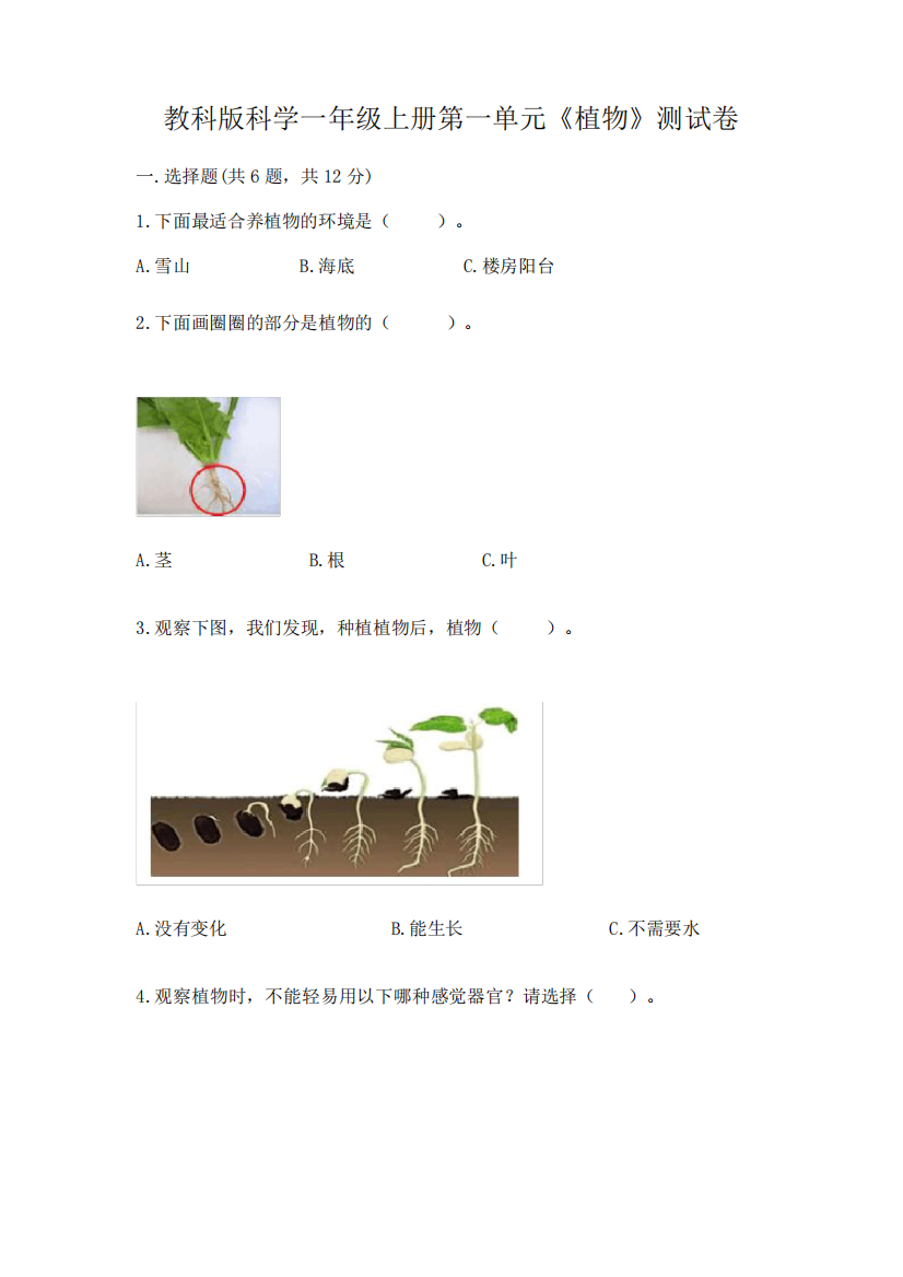 教科版科学一年级上册第一单元《植物》测试卷附完整答案(易错题)