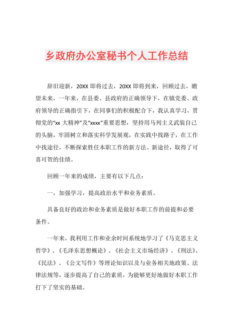 乡政府办公室秘书个人工作总结