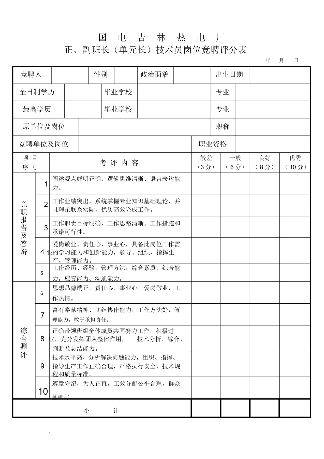 岗位竞聘评分表