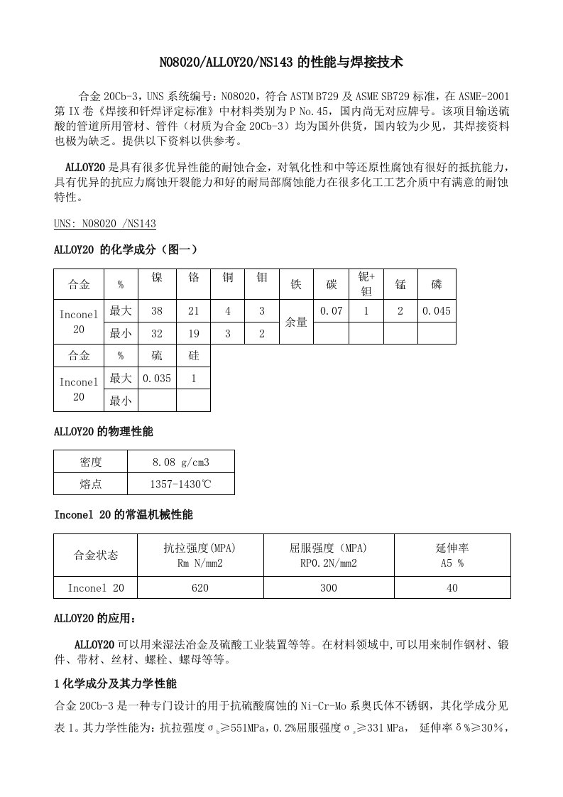 N08020ALLOY20NS143的性能与焊接技术