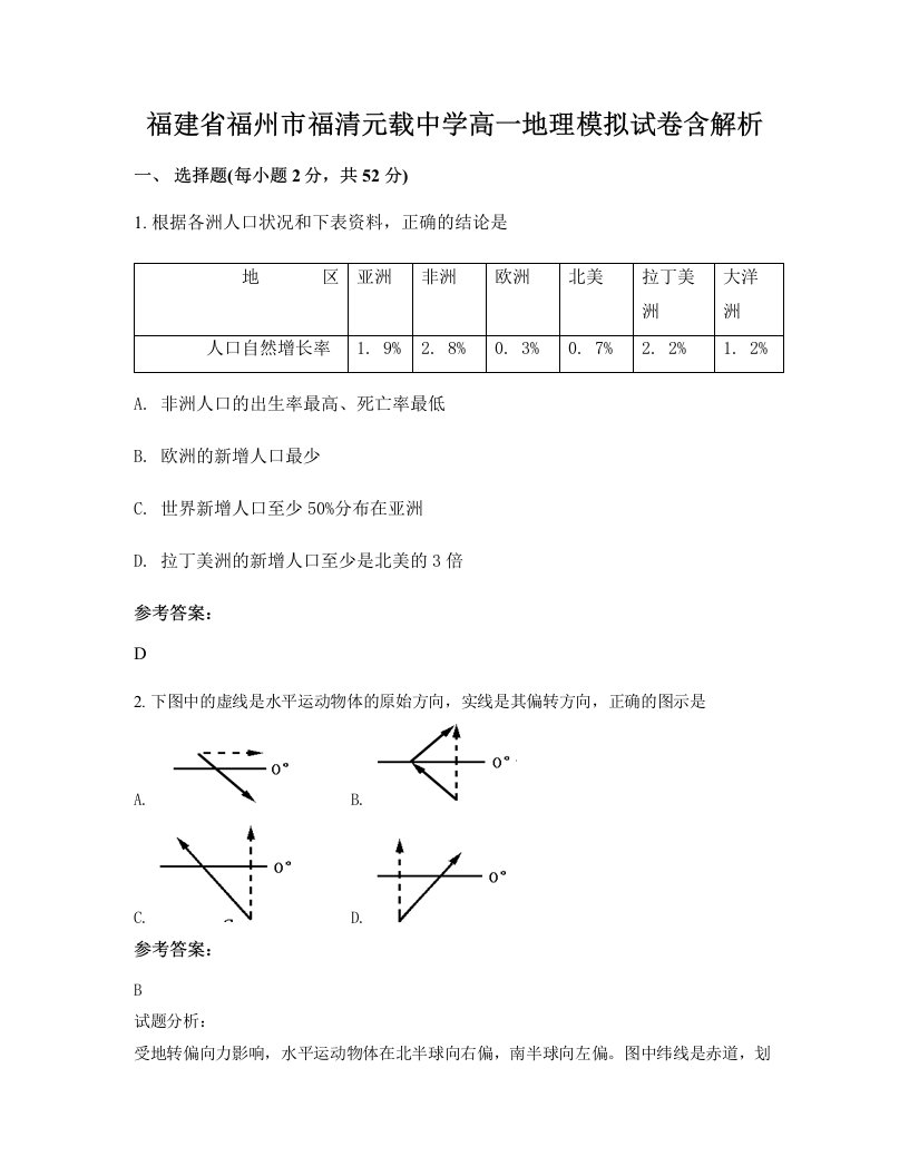 福建省福州市福清元载中学高一地理模拟试卷含解析