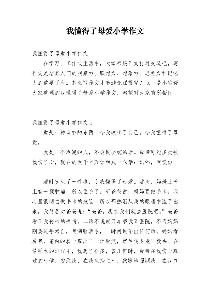 我懂得了母爱小学作文