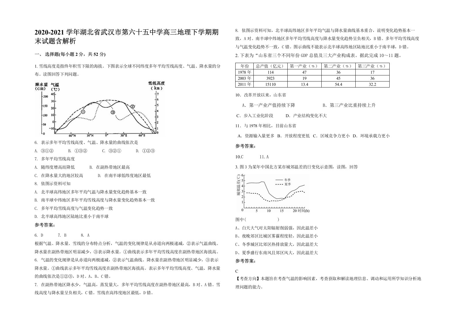 2020-2021学年湖北省武汉市第六十五中学高三地理下学期期末试题含解析