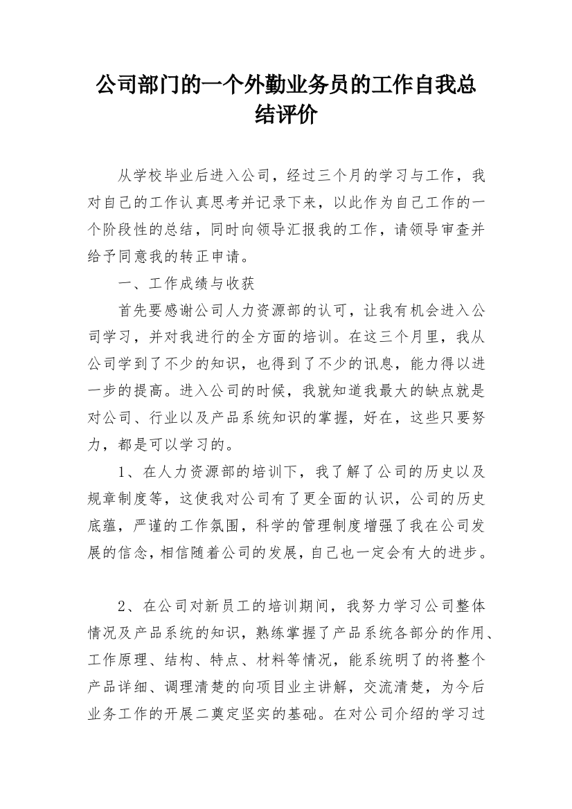 公司部门的一个外勤业务员的工作自我总结评价