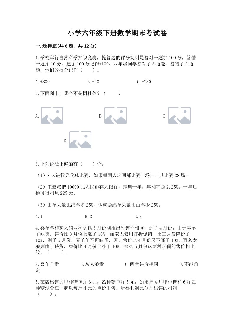 小学六年级下册数学期末考试卷含完整答案（夺冠系列）