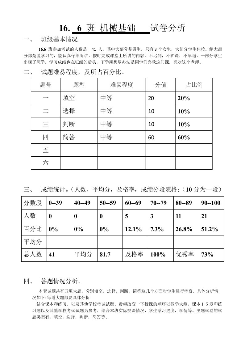 机械基础16.6试卷分析模板