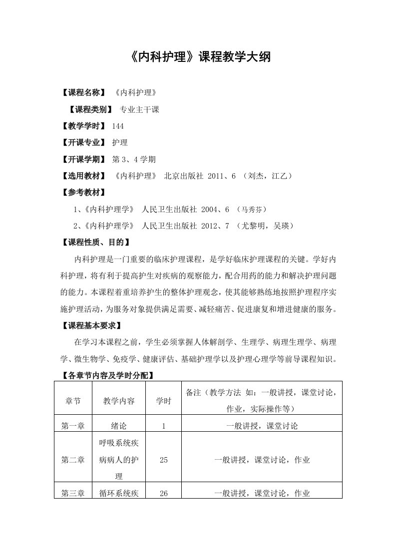 内科护理教学大纲