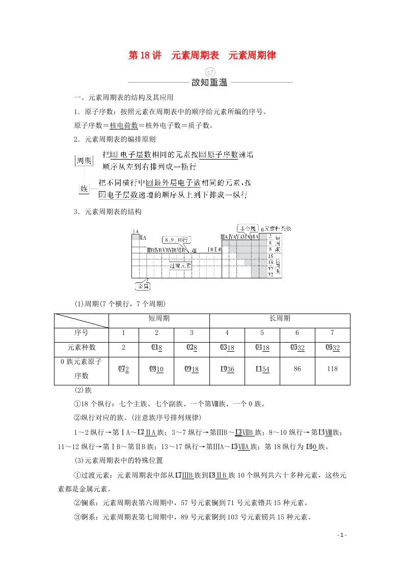 2021届高考化学一轮复习第5章物质结构元素周期律第18讲元素周期表元素周期律教学案新人教版