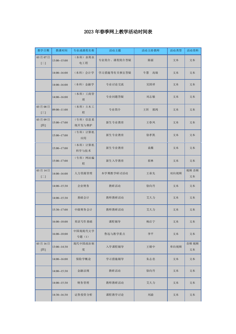 2023年春季网上教学活动时间表