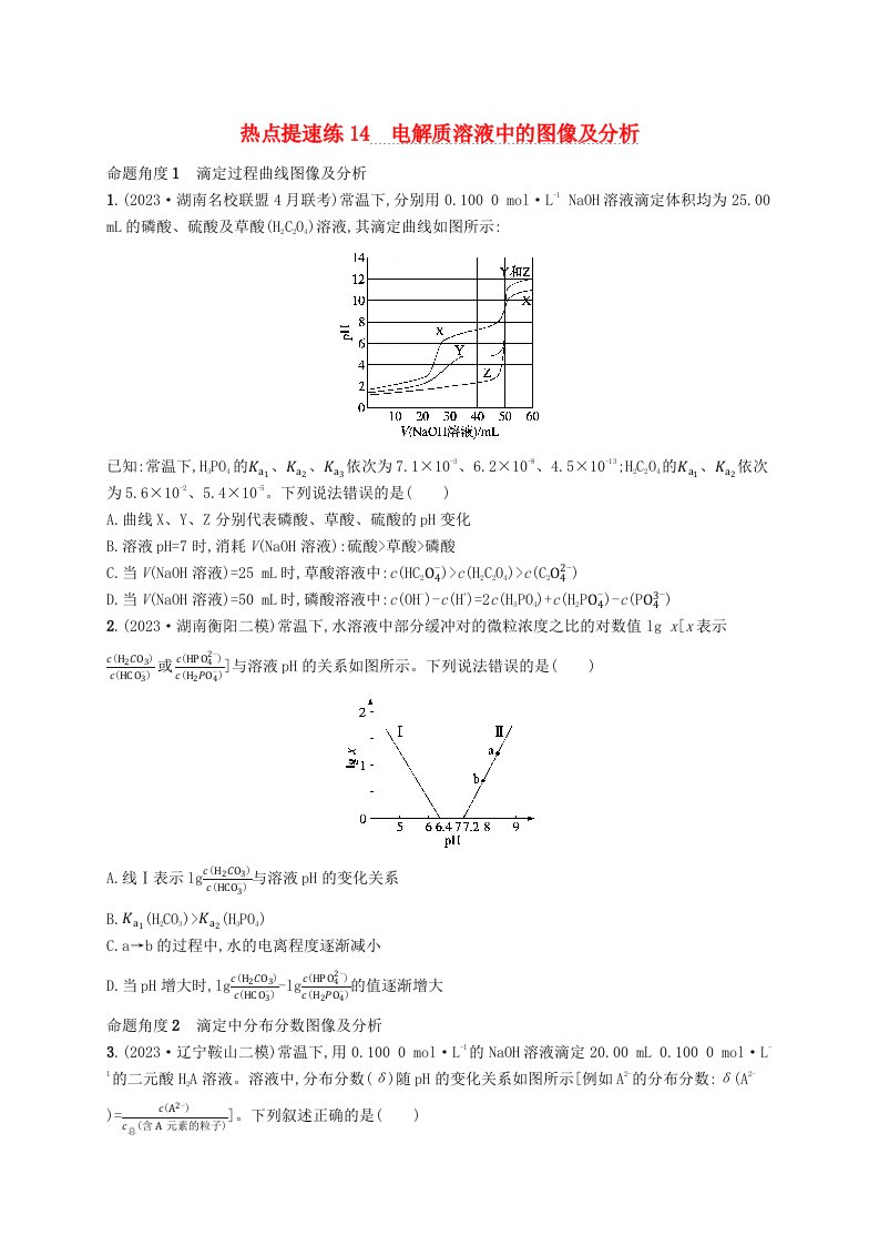 适用于新高考新教材2024版高考化学二轮复习热点提速练14电解质溶液中的图像及分析