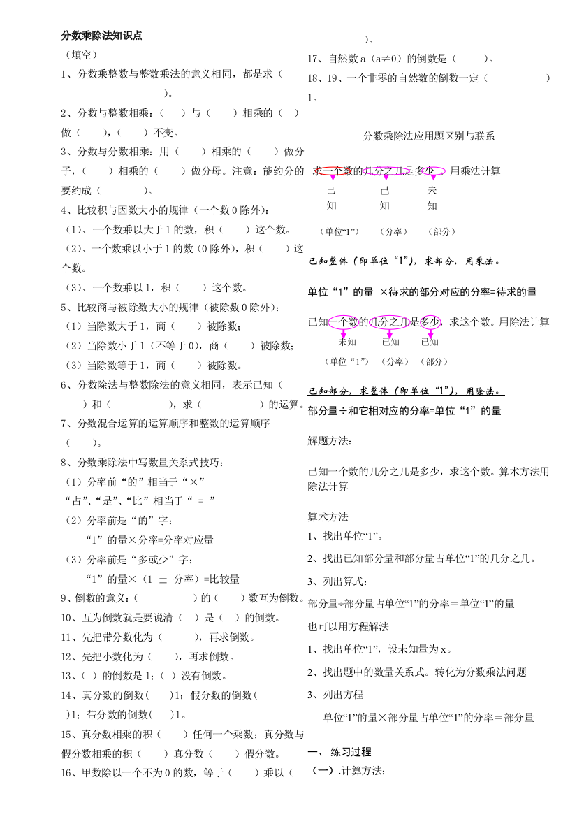 六年级分数乘除法知识点