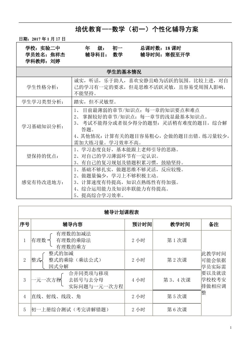 一对一个性化辅导方案—初中数学