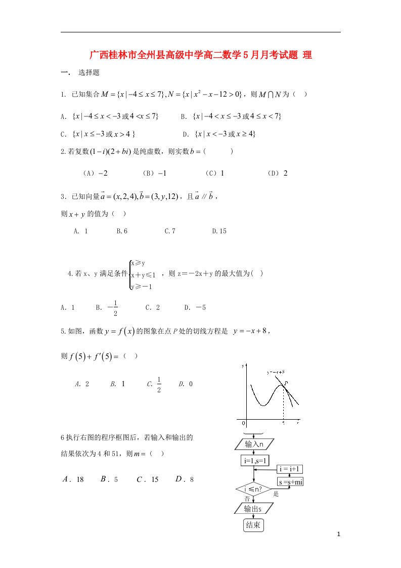 广西桂林市全州县高级中学高二数学5月月考试题