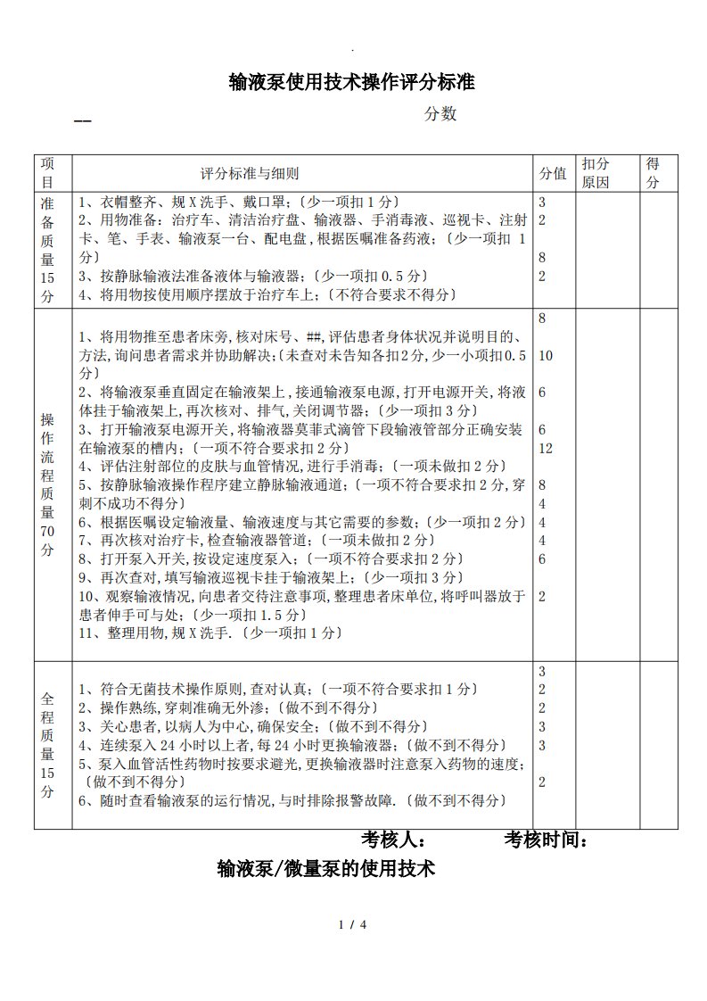 输液泵使用技术操作评分标准