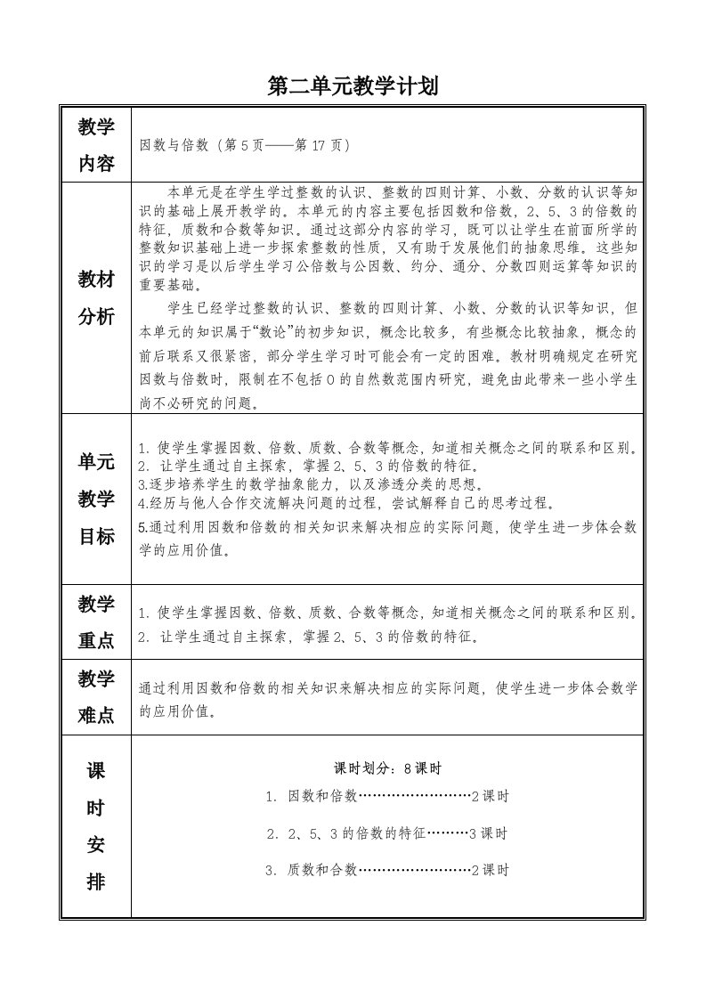 新人教版五年级数学下册第二单元教案