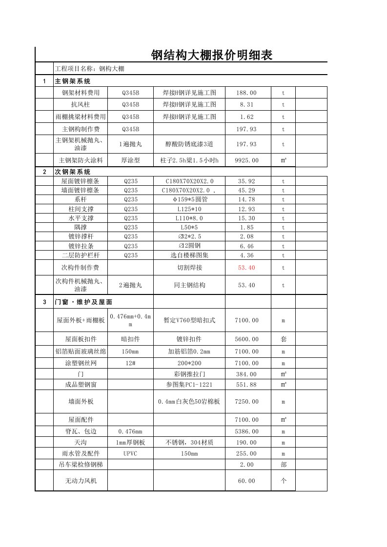 钢结构报价明细模板