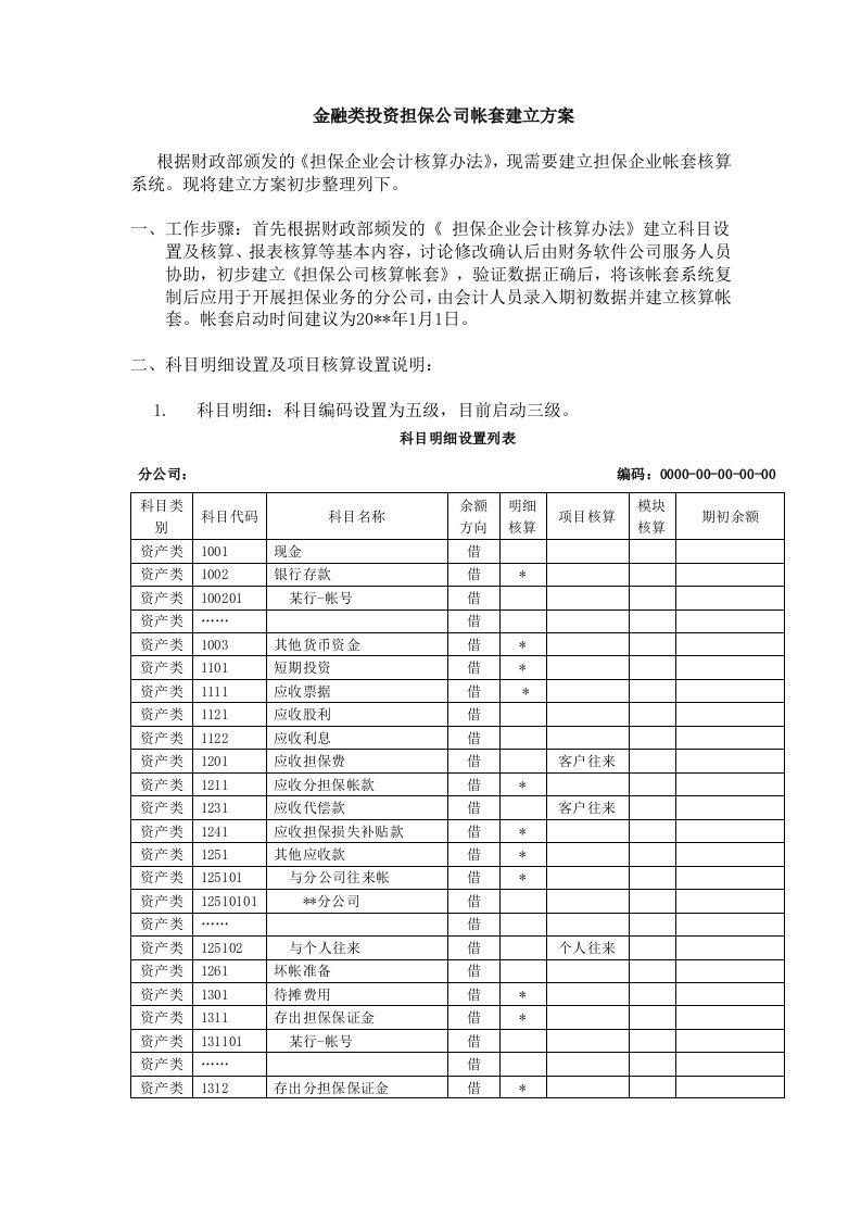 金融类担保公司帐套建立方案