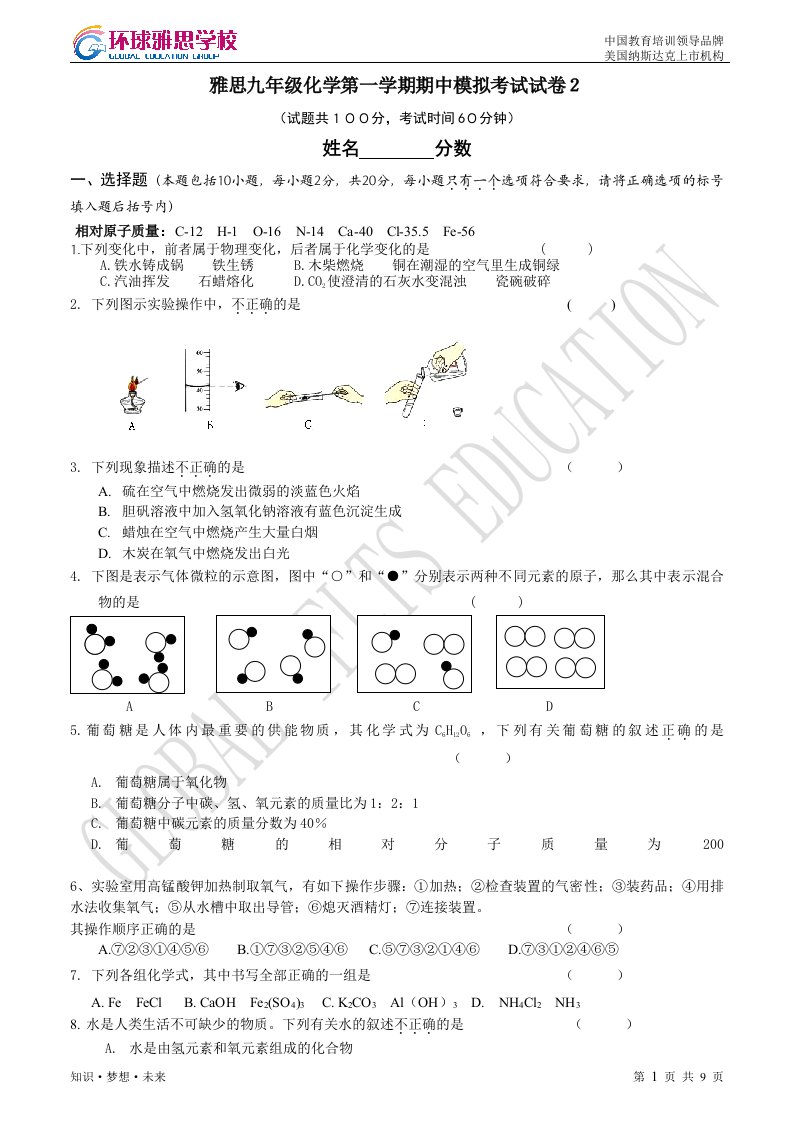 雅思九上上学期化学期中模拟试卷