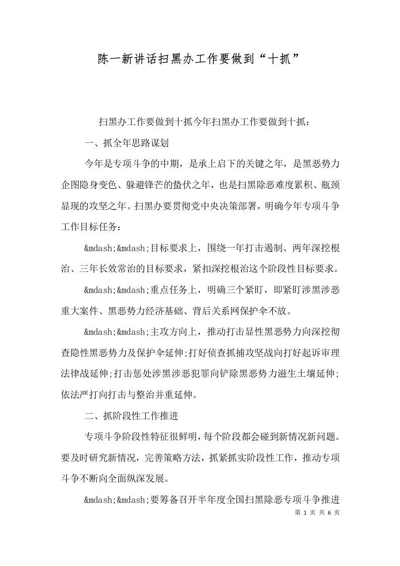 精选陈一新讲话扫黑办工作要做到十抓