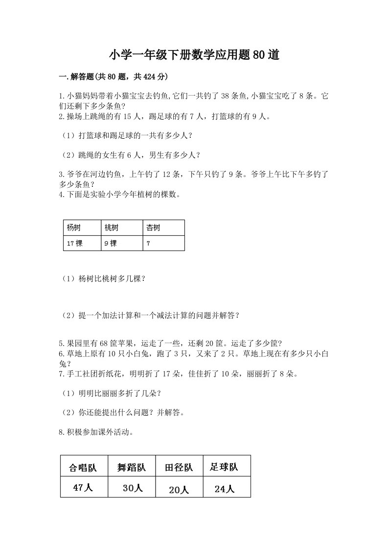 小学一年级下册数学应用题80道加解析答案