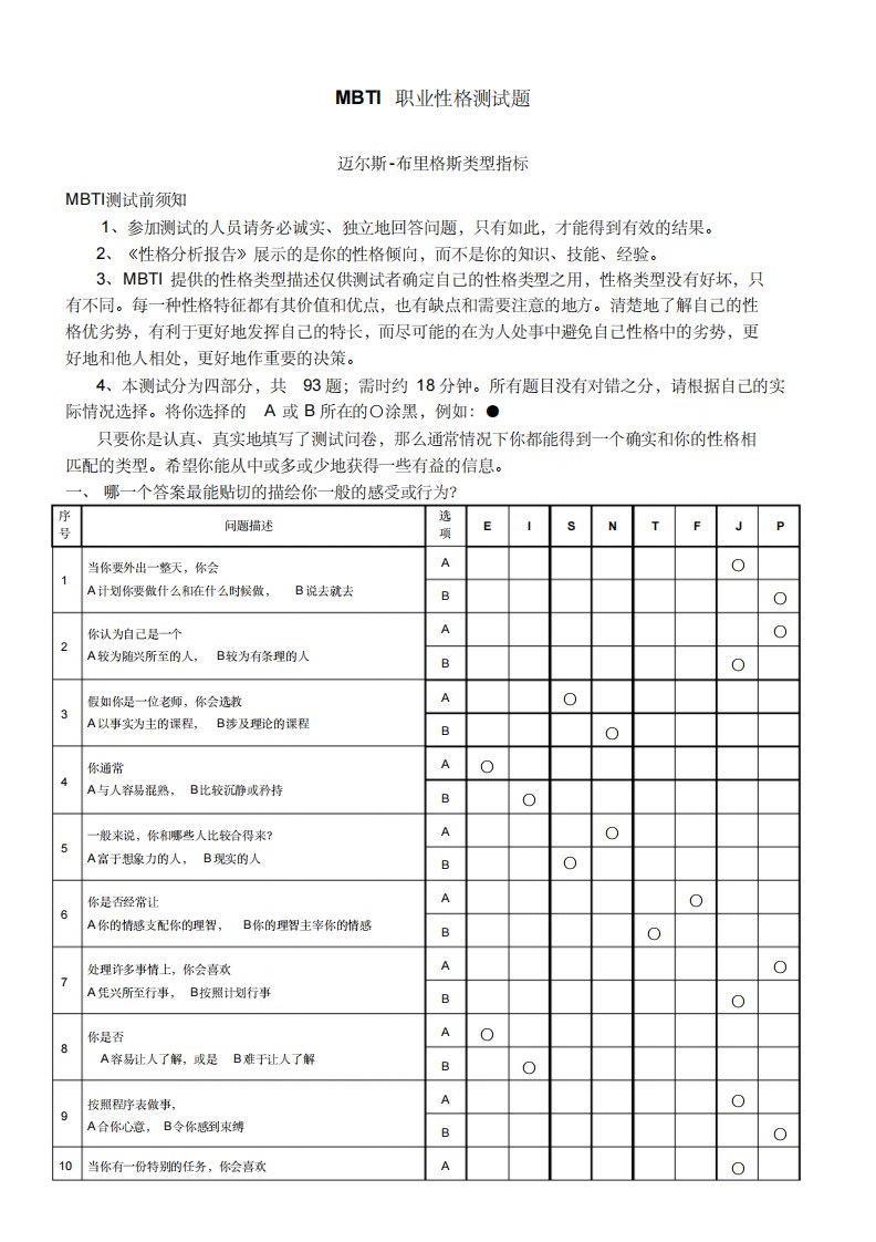 MBTI职业性格测试最佳完整版全