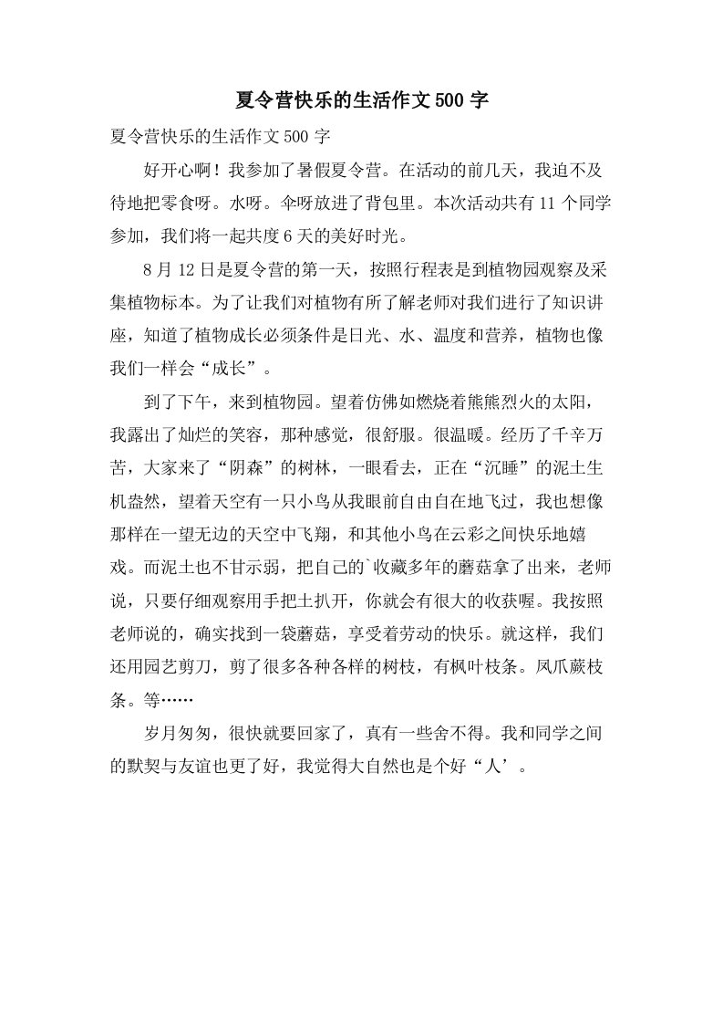 夏令营快乐的生活作文500字